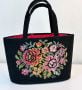 Vintage Black Needlepoint Handbag, Drawstring Lining, Double Handles