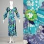 Small Blue Maxi Dress 1970s Purple Green Floral Long Sleeve Hawaiian Barkcloth Victorian Revival 