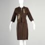 Medium 1960s Brown Skirt Set with Embroidery Bird Cage Summer Lightweight Suit