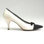 sz 8.5 AA Black and White Shoes 1950s Cap Almond Toe Kitten Heel Pumps