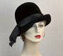 60s - 70s Miss Eileen Black Asymmetrical Brimmed Cloche Hat, Sz 22