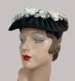 Vintage 50s Hat, Black Platter with White Florals, Placement Cap