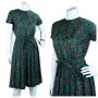 60s Green Floral Dress w/ Box Pleated Skirt, Sz M-L