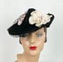 Vintage 40s Black Straw Tilt Hat with Florals, New York Creations