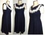 50s Dark Blue Linen Dress | Lace Beaded Neckline Mid Century Rockabilly Dress | Medium to Large
