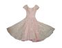 Vintage 1950s Party Dress Beige Lace Rhinestone Trim Tea Length Circle Skirt