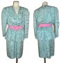 80s Aqua Blue Silk Peplum Midi Dress | Straight Skirt | Allover Print | M / L