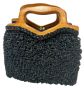 50s 60s Woven Boucle Raffia Bag | Black Kelly Style Bag w/Wood Handles | W 9'' x H 9.5'' x D 4''