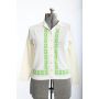 Vintage 1960s Cream Bouclé Knit Lime Green Tiki Print Cardigan Sweater by Talbott Travler  |  L/XL