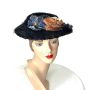 1930s navy blue straw hat with velvet flowers