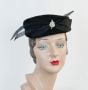Vintage 60s Black Felt Pillbox Hat with Feather, Brooch and Bow