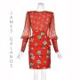 JAMES GALANOS Red Floral Silk Dress w/Chiffon Bodice & Silk Faille Skirt & Sheer Bishops Sleeves