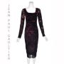 JEAN PAUL GAULTIER SOLEIL Vintage Raised Black Velvet on Burgundy Mesh Midi Dress SZ L