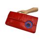 70s Mod Red Leather Clutch with Blue & Red Wood Circles | 13'' x 7'' x 2.5''