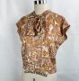 Vintage Beige and Tan Sleeveless Blouse, Medieval Pattern, Neck Bow