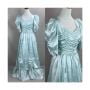 80s Mint Green Satin Formal Gown w/ Bodice Ruching, Elbow Puff Sleeves, Sz 13/14