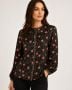 90s Fleur-de-Lis Tassel Black Red Gold Pattern Scarf Print Silk Blouse by Maggy London | S