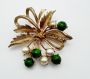 Vintage 60s Sarah Coventry Gold Tone Floral Brooch, Pearls and Green Cabochons, Signed