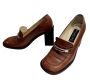 90s Brown Leather Chunky Heel Loafers w Silver Bar on Vamp – Made in Italy – 7.5 M