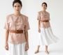 80s French Vintage Pale Peach Pink Silk Blouse Asymmetrical Cape Collar  