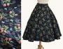 Vintage 50s Circle Skirt, Black Quilted Cotton Roses Butterflies, M-L