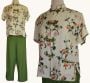 1950s Asian Blouse and High Waist Pants Set, Made in Japan, Peach Print, Size Medium